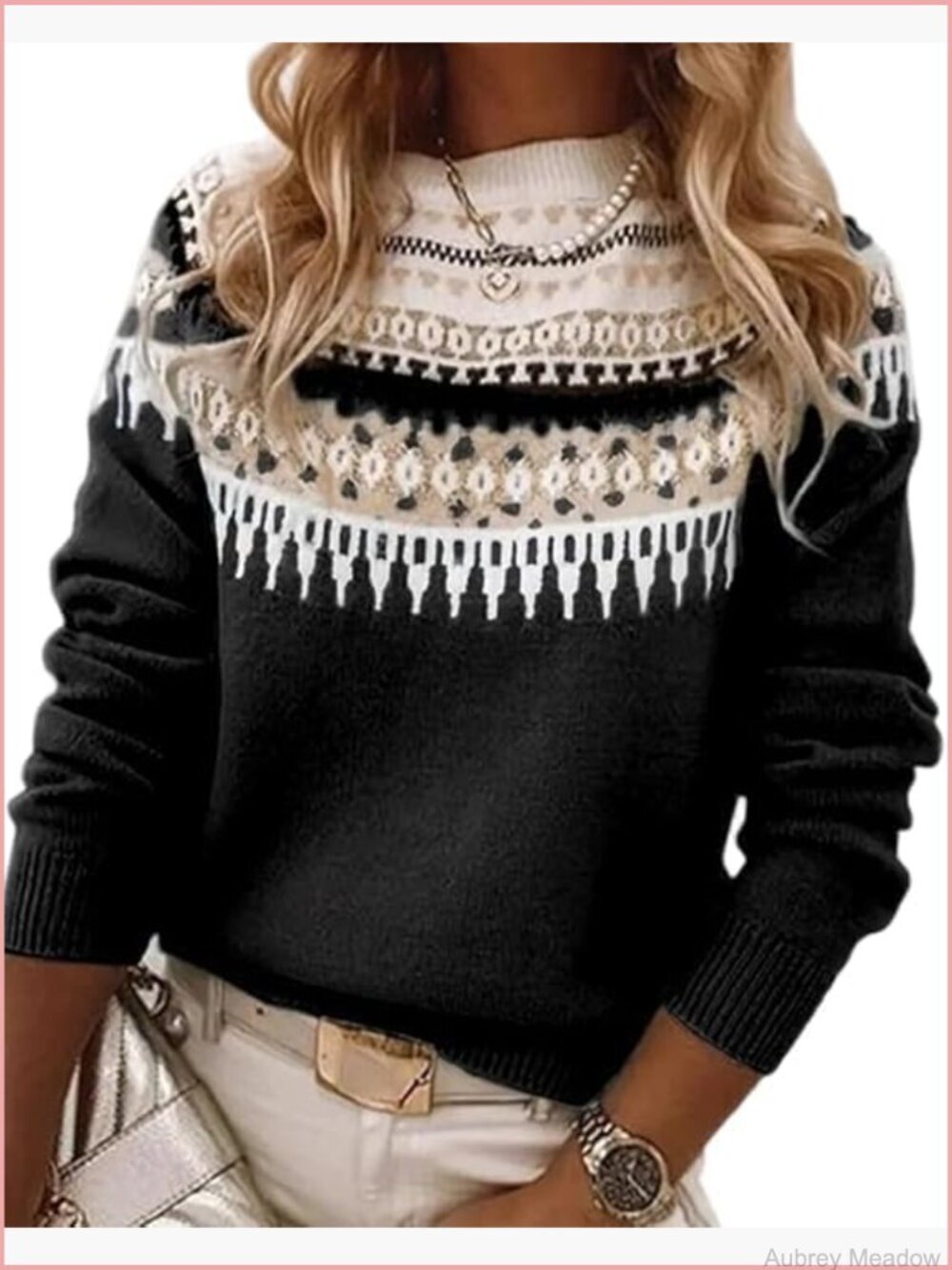 Women's Fair Isle Crew Neck Pullover Sweater Vintage Retro Knit Tops